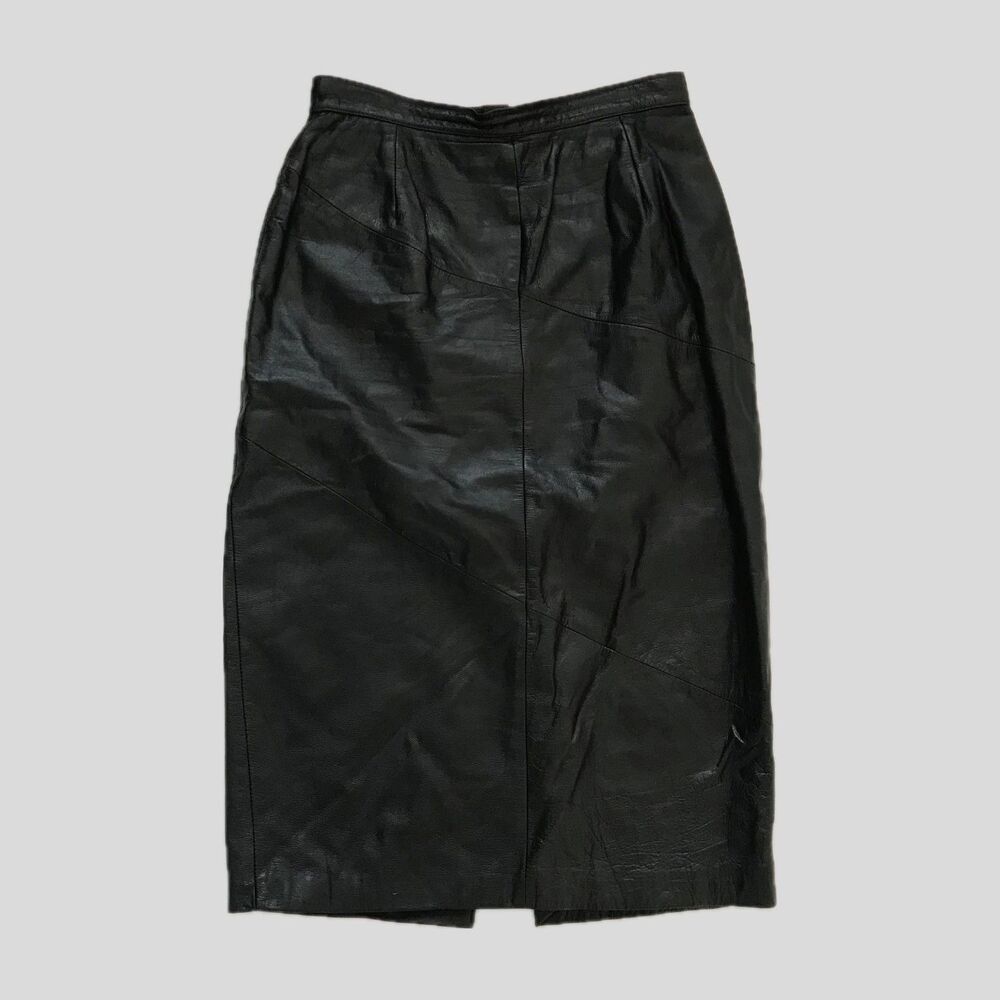 Vintage 1980 Black Leather Mid Rise Straight Pencil Midi Skirt Womens M/L